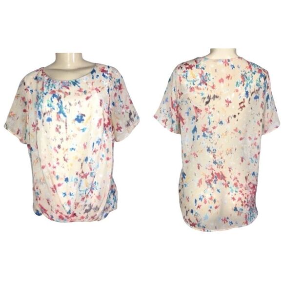 LELIS CREAM CHIFFON MULTICOLOR‎ ABSTRACT PAINT SPLATTER HIGH LOW ARTSY BLOUSE M - Picture 2 of 12